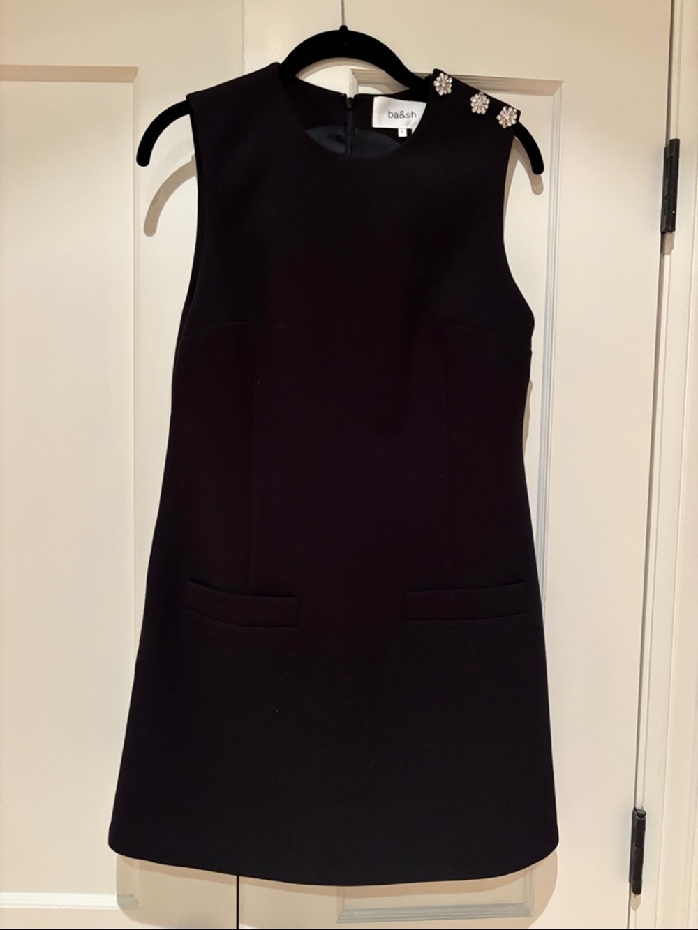 ba&sh Black Mini Shift Dress with Crystal Shoulder Accents
